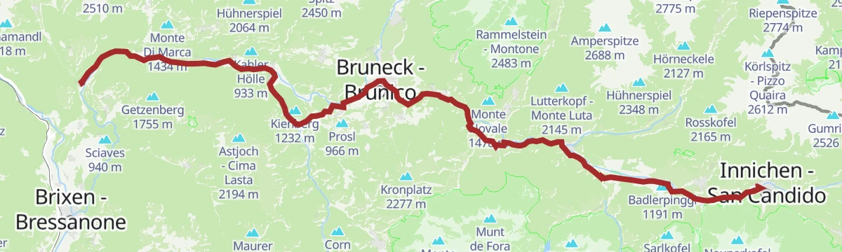 Route map: Pustertal Valley bikeway